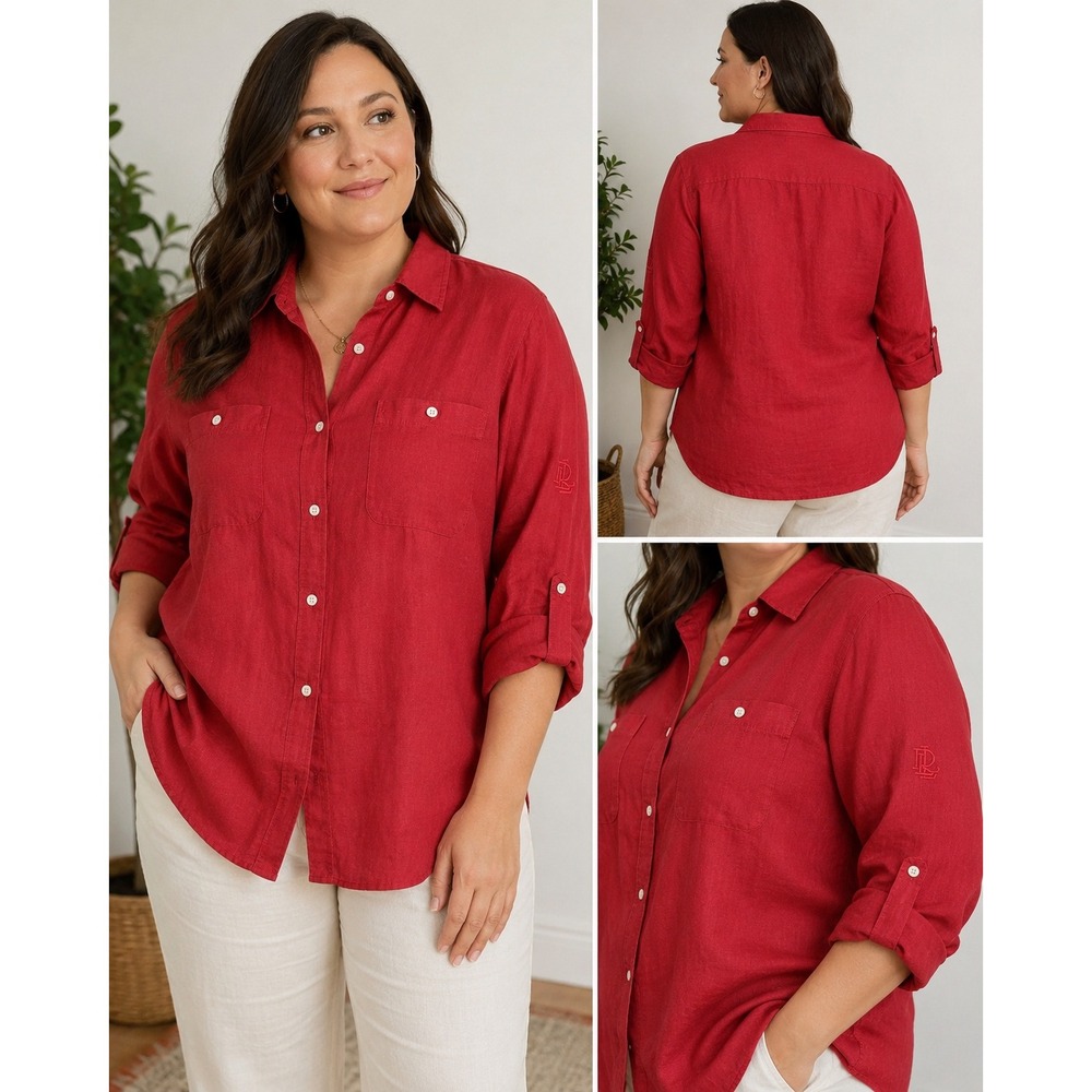 Vintage Lauren Ralph Lauren Red 100% Linen Roll-Tab Button Down Shirt Women 2X